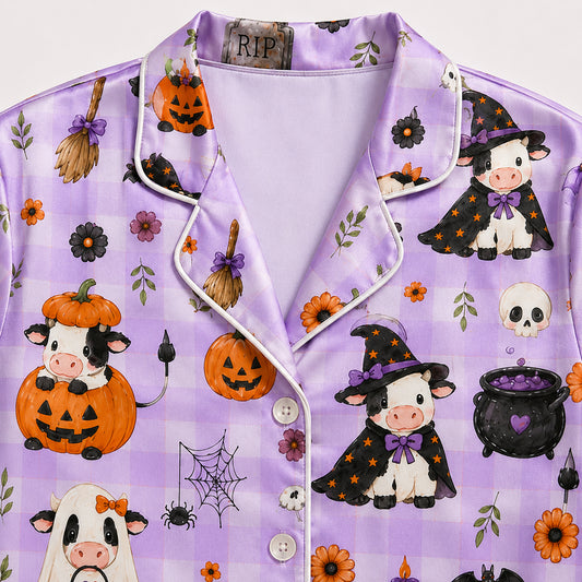 PJ-713-Cute Halloween Cow Satin Pajama Set with Kawaii Witch Highland Cow Pumpkin and Ghost Pattern Nguyen Thanh Phong