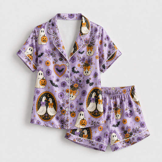 PJ-714-Vintage Halloween Goose Satin Pajama Set with Ghost Pumpkin Floral and Cottagecore Pattern