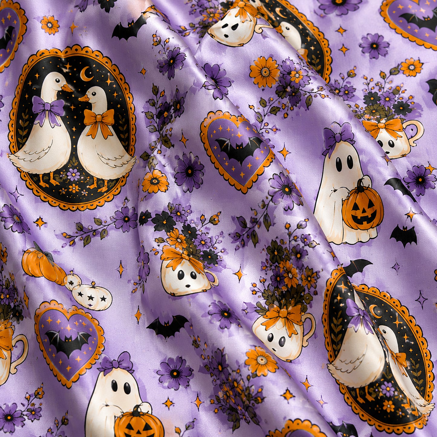 PJ-714-Vintage Halloween Goose Satin Pajama Set with Ghost Pumpkin Floral and Cottagecore Pattern