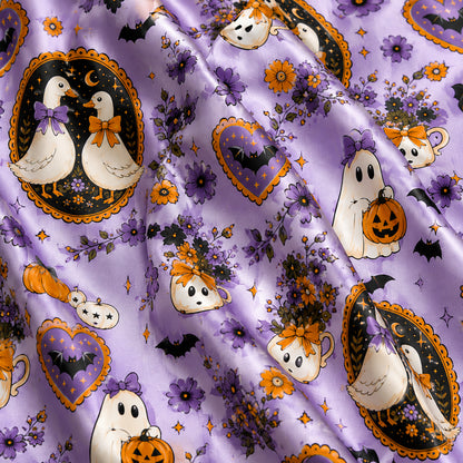 PJ-714-Vintage Halloween Goose Satin Pajama Set with Ghost Pumpkin Floral and Cottagecore Pattern