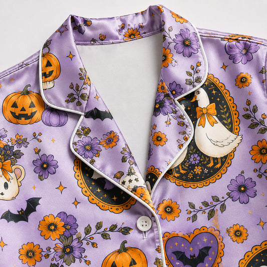PJ-714-Vintage Halloween Goose Satin Pajama Set with Ghost Pumpkin Floral and Cottagecore Pattern