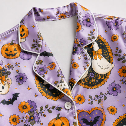 PJ-714-Vintage Halloween Goose Satin Pajama Set with Ghost Pumpkin Floral and Cottagecore Pattern