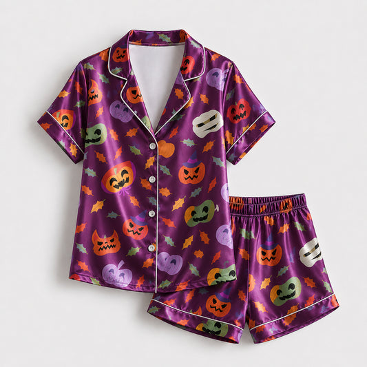PJ-717-Halloween Moonlight Satin Pajama Set with Mystical Holiday Pattern