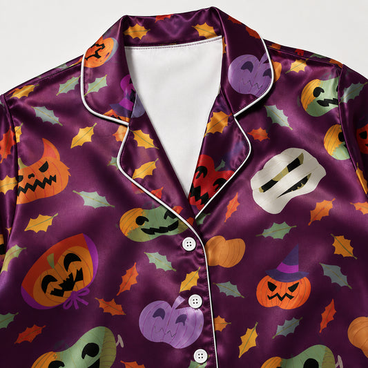 PJ-717-Halloween Moonlight Satin Pajama Set with Mystical Holiday Pattern