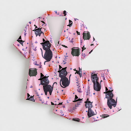PJ-718-Wickedly Cute Satin Pajama Set with Festive Halloween Inspired Artwork