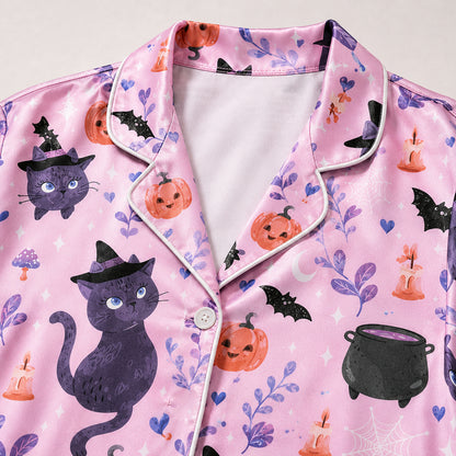 PJ-718-Wickedly Cute Satin Pajama Set with Festive Halloween Inspired Artwork