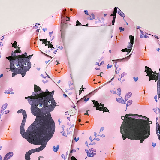 PJ-718-Wickedly Cute Satin Pajama Set with Festive Halloween Inspired Artwork