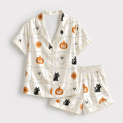 PJ-719-Autumn Halloween Satin Pajama Set with Magical Harvest Season Print