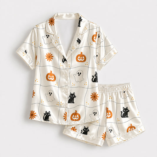 PJ-719-Autumn Halloween Satin Pajama Set with Magical Harvest Season Print