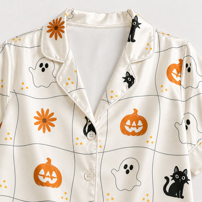 PJ-719-Autumn Halloween Satin Pajama Set with Magical Harvest Season Print