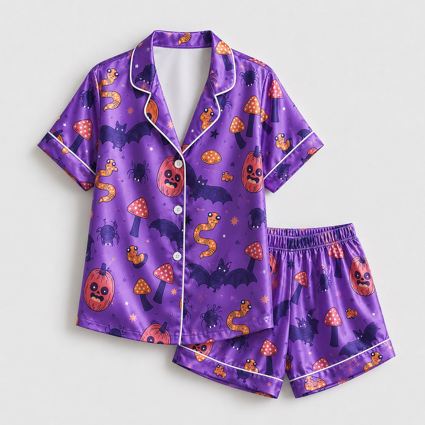 PJ-721-Haunted Night Satin Pajama Set with Classic Halloween Celebration Pattern