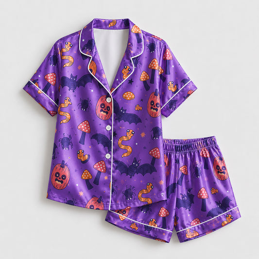 PJ-721-Haunted Night Satin Pajama Set with Classic Halloween Celebration Pattern