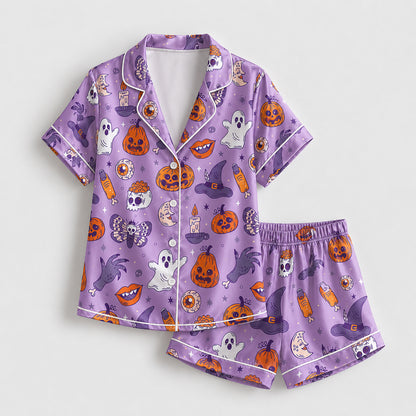 PJ-723-Vintage Halloween Satin Pajama Set with Nostalgic Spooky Holiday Design