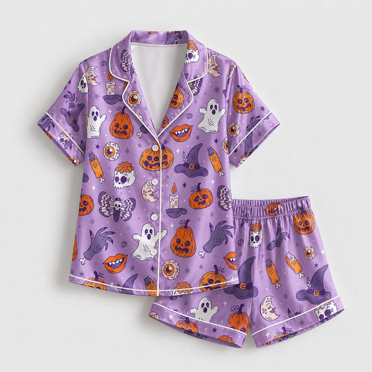 PJ-723-Vintage Halloween Satin Pajama Set with Nostalgic Spooky Holiday Design