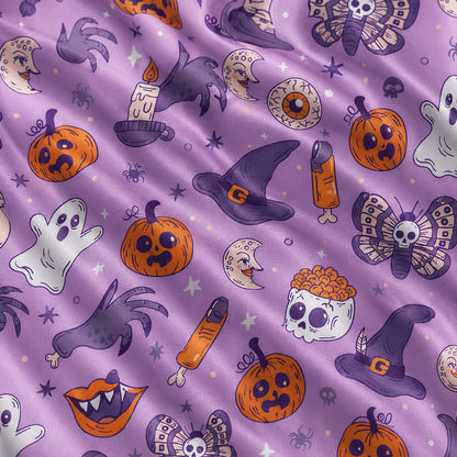 PJ-723-Vintage Halloween Satin Pajama Set with Nostalgic Spooky Holiday Design