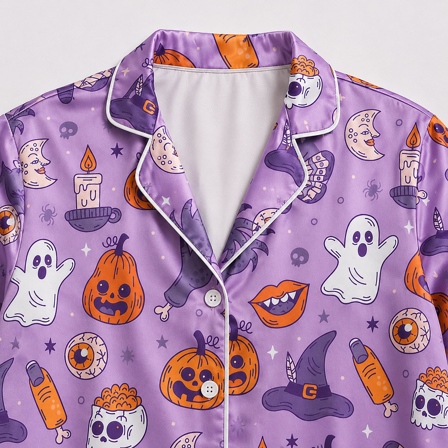 PJ-723-Vintage Halloween Satin Pajama Set with Nostalgic Spooky Holiday Design