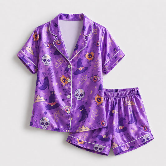 PJ-724-Halloween Dreams Satin Pajama Set with Charming Seasonal All Over Print