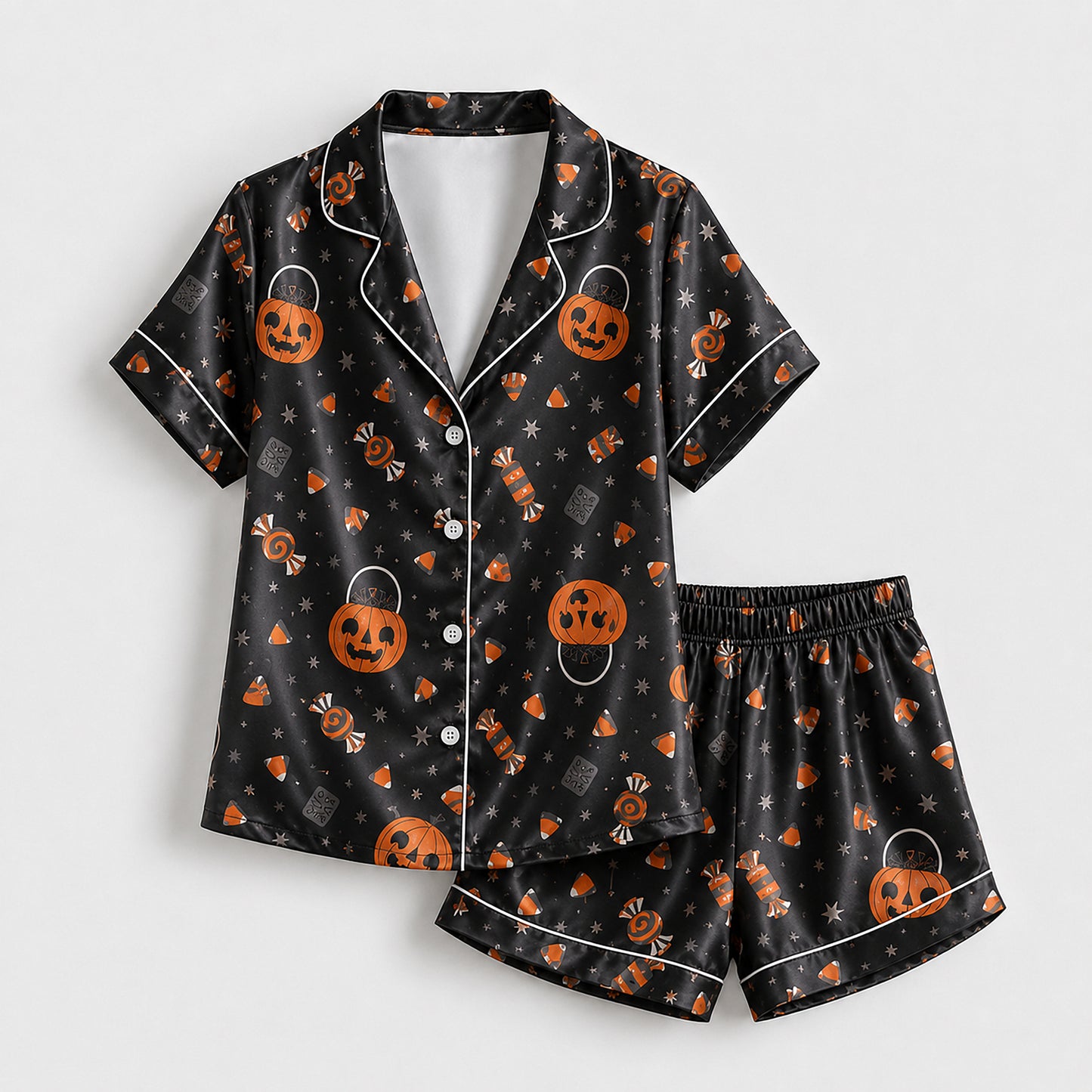 PJ-726-Bewitched Halloween Satin Pajama Set with Enchanting Seasonal Artwork