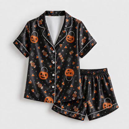 PJ-726-Bewitched Halloween Satin Pajama Set with Enchanting Seasonal Artwork