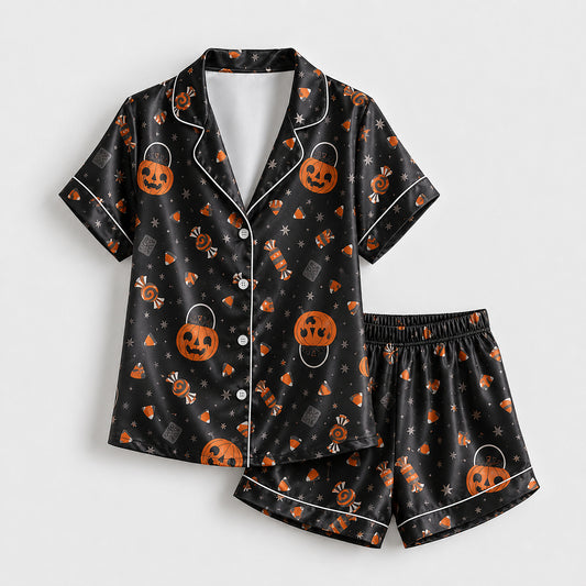 PJ-726-Bewitched Halloween Satin Pajama Set with Enchanting Seasonal Artwork
