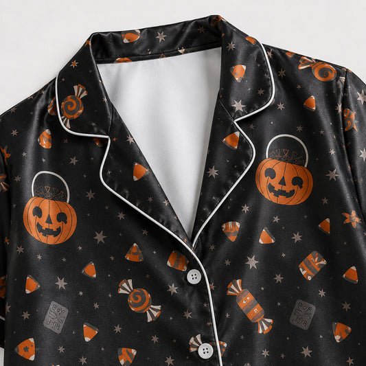 PJ-726-Bewitched Halloween Satin Pajama Set with Enchanting Seasonal Artwork