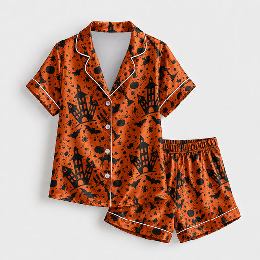 PJ-727-Midnight Magic Satin Pajama Set with Mysterious Halloween Inspired Print