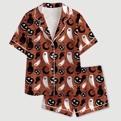 PJ-728-Halloween Carnival Purple And Brown Satin Pajama Set with Whimsical Seasonal Design