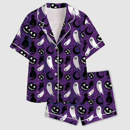PJ-728-Halloween Carnival Purple And Brown Satin Pajama Set with Whimsical Seasonal Design