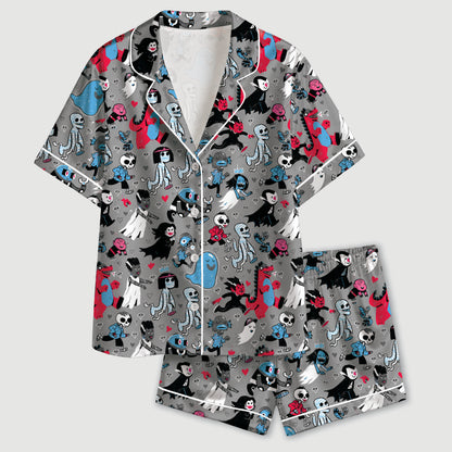 PJ-729-Halloween Duo Satin Pajama Set in Two Colorways with Playful Seasonal Prints for Cozy Spooky Nights