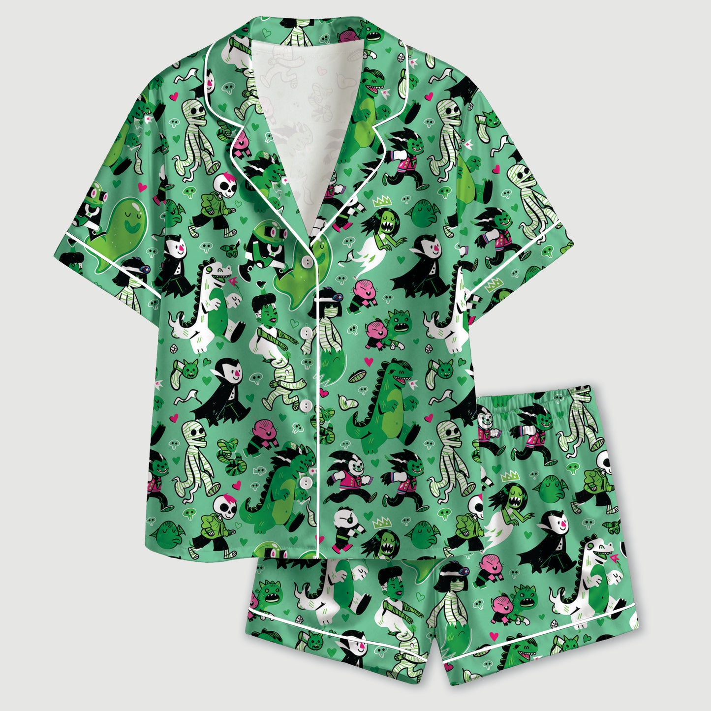 PJ-729-Halloween Duo Satin Pajama Set in Two Colorways with Playful Seasonal Prints for Cozy Spooky Nights
