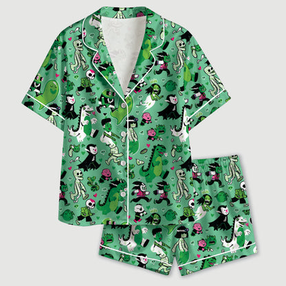 PJ-729-Halloween Duo Satin Pajama Set in Two Colorways with Playful Seasonal Prints for Cozy Spooky Nights