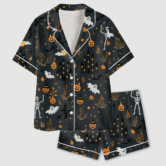 PJ-730-Haunted Harvest Satin Pajama Set with Festive Autumn Halloween Pattern
