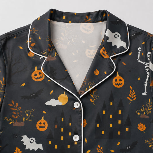 PJ-730-Haunted Harvest Satin Pajama Set with Festive Autumn Halloween Pattern