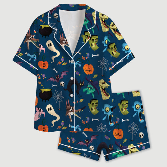 PJ-731-Spooky Season Satin Pajama Set with Whimsical Halloween Print for Cozy Nights