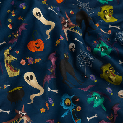 PJ-731-Spooky Season Satin Pajama Set with Whimsical Halloween Print for Cozy Nights