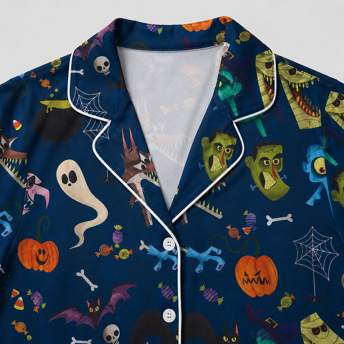 PJ-731-Spooky Season Satin Pajama Set with Whimsical Halloween Print for Cozy Nights
