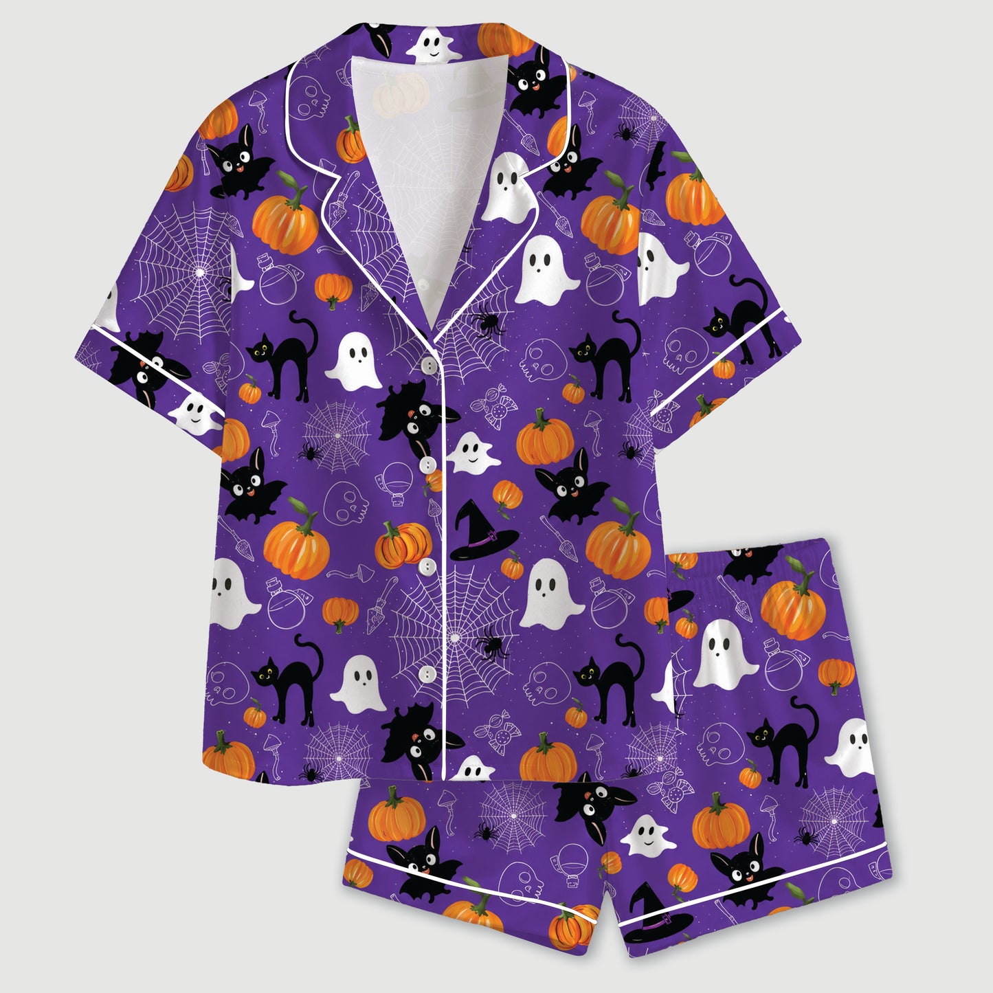 PJ-733-Halloween Satin Pajama Set with Enchanted Midnight Pattern for Cozy Sleepwear and Loungewear