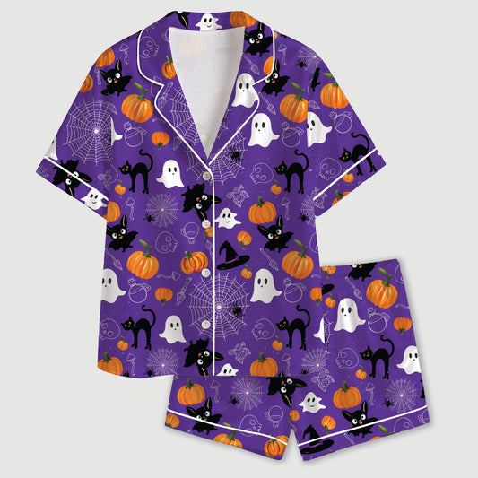 PJ-733-Halloween Satin Pajama Set with Enchanted Midnight Pattern for Cozy Sleepwear and Loungewear