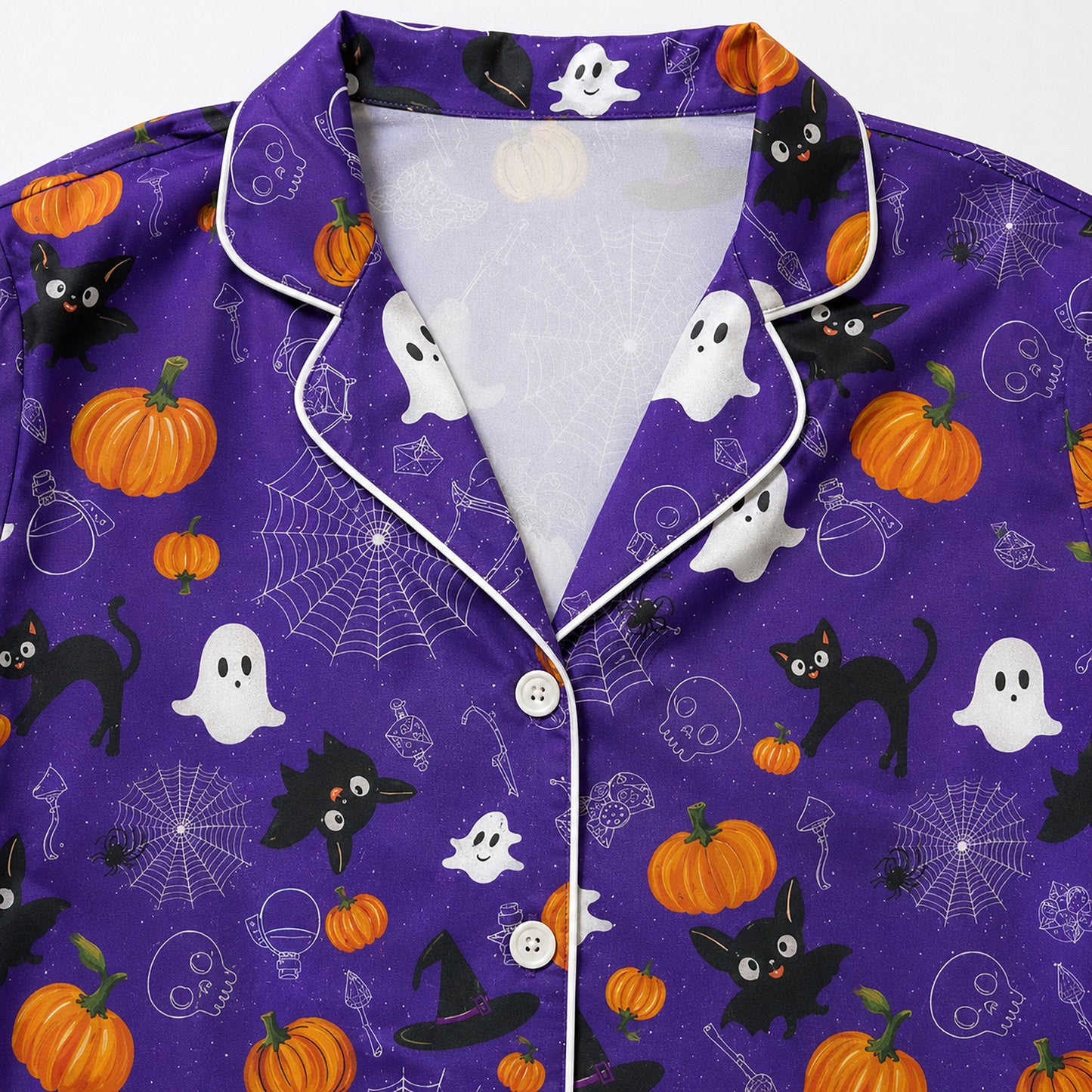 PJ-733-Halloween Satin Pajama Set with Enchanted Midnight Pattern for Cozy Sleepwear and Loungewear