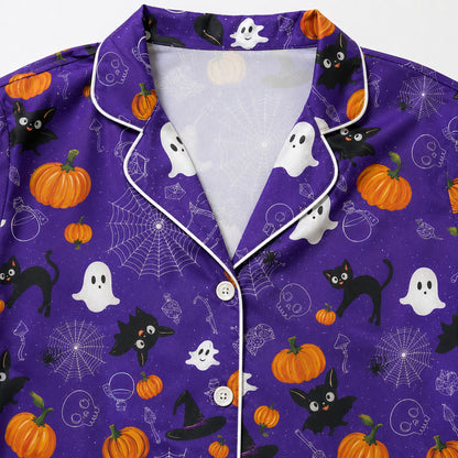 PJ-733-Halloween Satin Pajama Set with Enchanted Midnight Pattern for Cozy Sleepwear and Loungewear