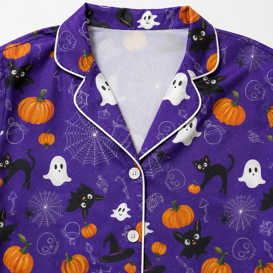 PJ-733-Halloween Satin Pajama Set with Enchanted Midnight Pattern for Cozy Sleepwear and Loungewear