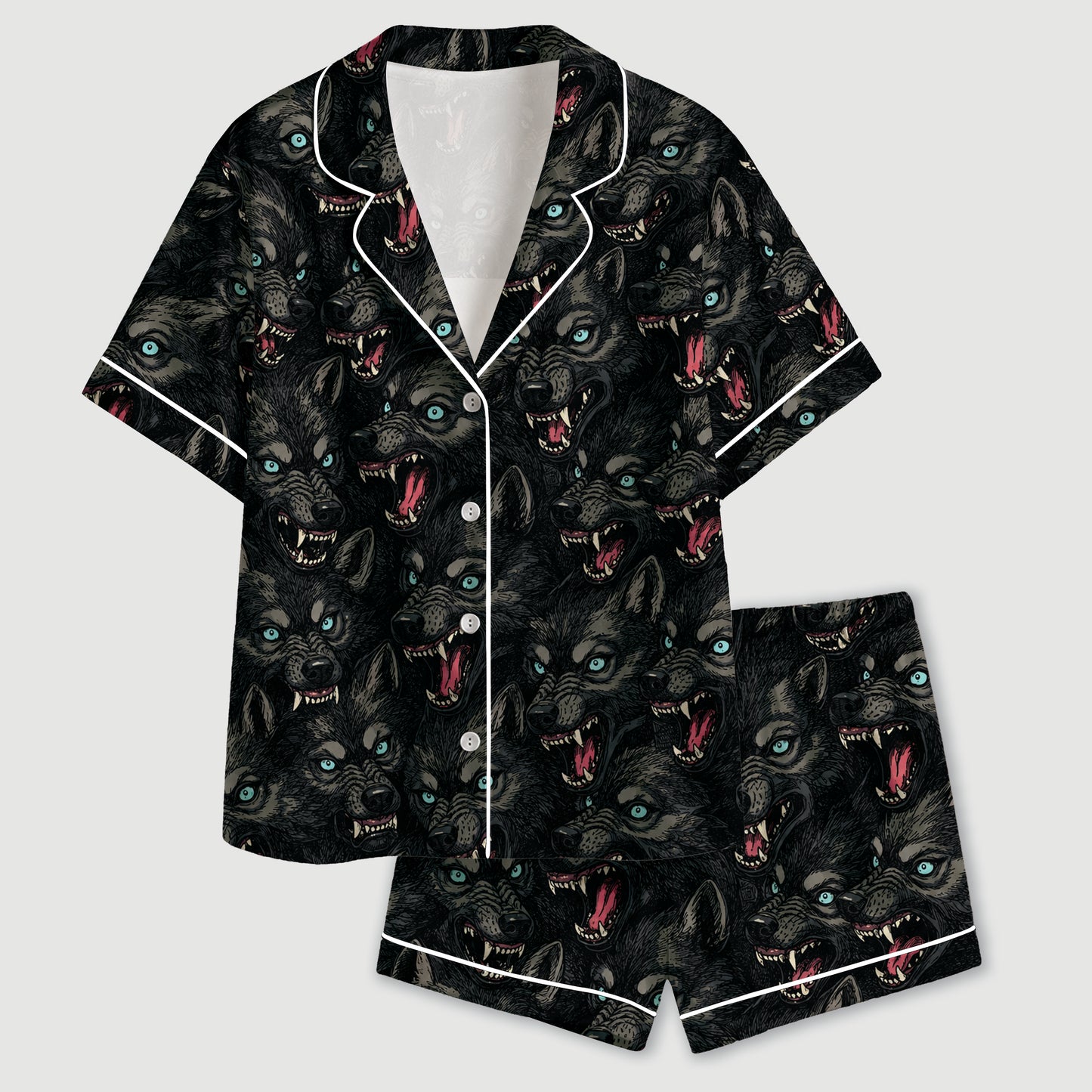 PJ-734-Majestic Wolf Satin Pajama Set with Wild Woodland Pattern for Cozy Sleepwear, Nature Lovers and Relaxing Loungewear