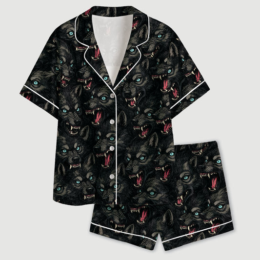 PJ-734-Majestic Wolf Satin Pajama Set with Wild Woodland Pattern for Cozy Sleepwear, Nature Lovers and Relaxing Loungewear