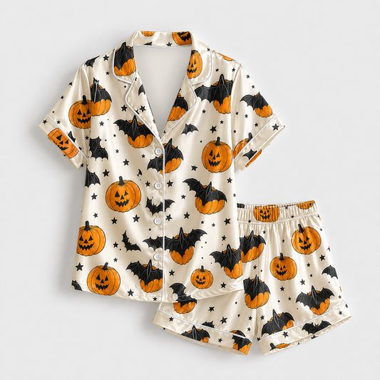PJ-736-October Moonlight Satin Pajama Set with Cozy Fall Holiday Pattern