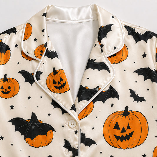 PJ-736-October Moonlight Satin Pajama Set with Cozy Fall Holiday Pattern