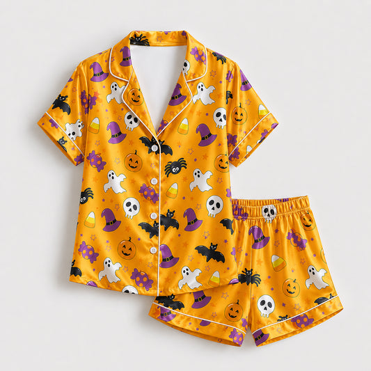 PJ-737-Halloween Memories Satin Pajama Set with Classic Autumn Festival Design