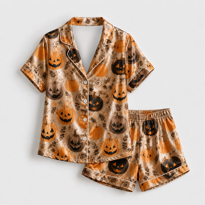 PJ-738-Halloween Satin Pajama Set with Festive Seasonal Print for Cozy Sleepwear and Loungewear