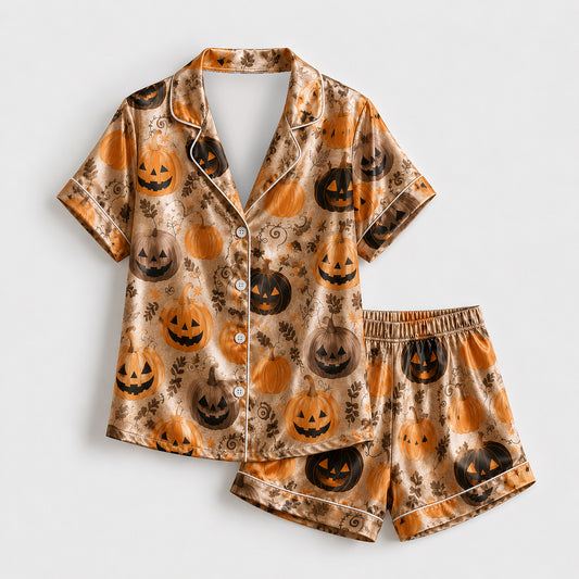 PJ-738-Halloween Satin Pajama Set with Festive Seasonal Print for Cozy Sleepwear and Loungewear