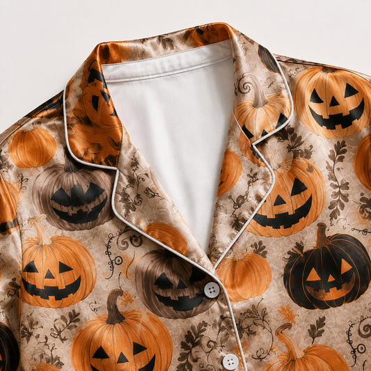 PJ-738-Halloween Satin Pajama Set with Festive Seasonal Print for Cozy Sleepwear and Loungewear
