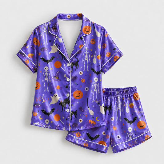PJ-739-Halloween Satin Pajama Set with Festive Seasonal Print for Cozy Sleepwear and Loungewear